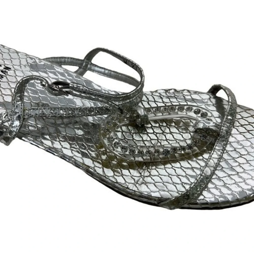 Stuart Weitzman Sandals Women 7.5 Silver Snakeskin Clear Heel Rhinestone Evening